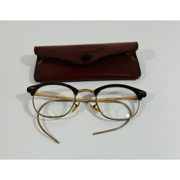 Shuron Vintage Mens Hornrim Glasses Gold Metal Frame Tortoise Trim Leather Case - Picture 4 of 16